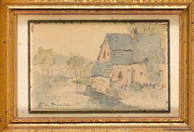 une image représentant un tableau représentant une maison, dans un cadre doré