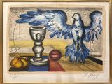 painting of a bird and a cup on a table next to a vase