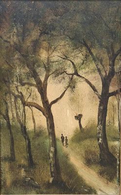 painting of two people walking down a dirt road in a wooded area