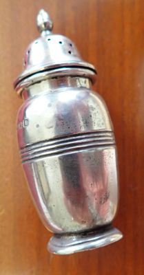 a silver salt and pepper shaker on a wooden table