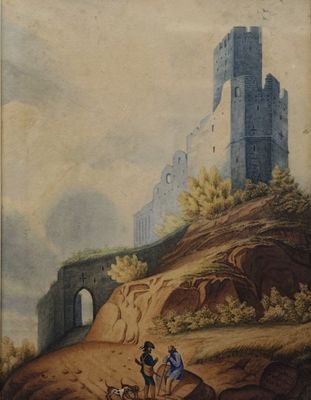 tableau représentant deux hommes à cheval devant un château situé sur une colline