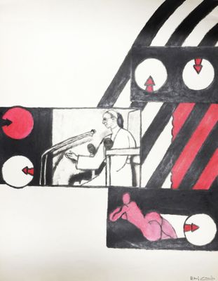 painting of a woman in a black and white dress with red and black stripes