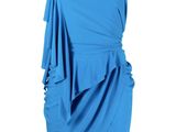 le dos d'une robe bleue à une seule épaule, avec un haut drapé