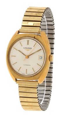 a close up of a gold and silver wrist watch with a white dial