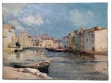 une peinture représentant un bateau sur l'eau dans un port
