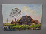 an oil painting of a farm scene with a house and a tree