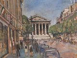 painting of a painting of a city street with a building in the background