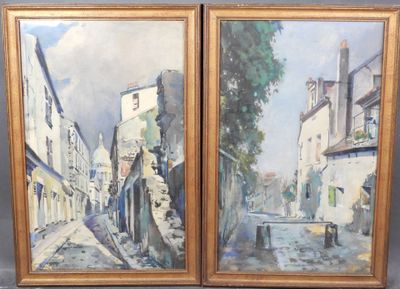 deux tableaux représentant une rue avec des immeubles et un banc devant ceux-ci