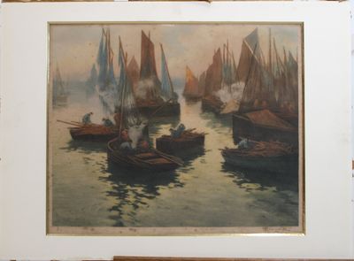 une image d'une peinture de bateaux dans l'eau
