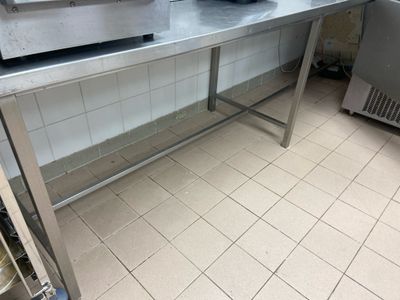 a large stainless steel table in a commercial kitchen