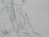 a drawing of a woman in a hat sitting down with her hands on her knees