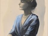 portrait of a woman in a blue dress with a pearl necklace