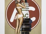 an image of a woman in a bikini standing next to a stack of tires