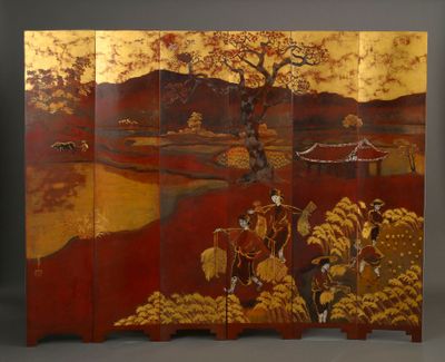 an image of a four panel screen with a painting of a man on horseback