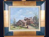 a picture of a painting of a house in a field