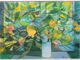a painting of a vase of lemons on a window sill