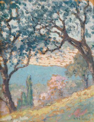 a painting of trees on a hill with a lake in the background