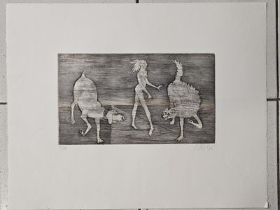 un dessin représentant trois personnes promenant un chien en laisse