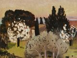 une image représentant une peinture montrant des arbres dans un champ, avec une maison en arrière-plan