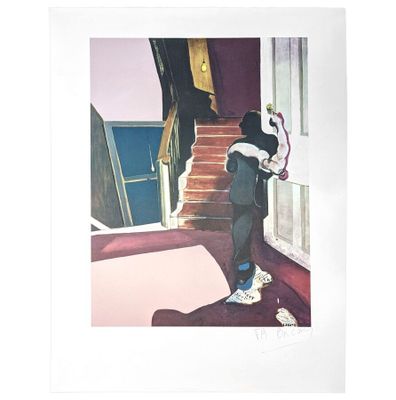 un tableau représentant une personne debout dans un escalier