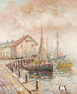 une peinture à l'huile représentant une scène de port avec des bateaux amarrés dans l'eau