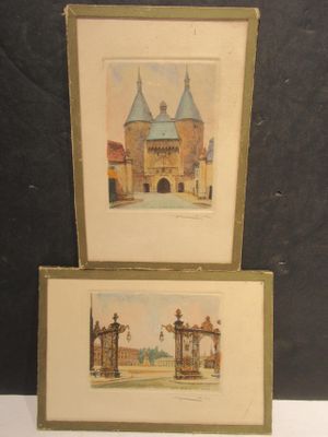 two framed pictures of a castle and a gate