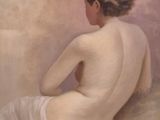 an oil painting of a woman sitting on a bed with her back to the camera