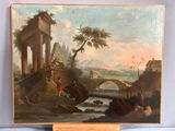peinture représentant un paysage avec un pont et des personnages au premier plan