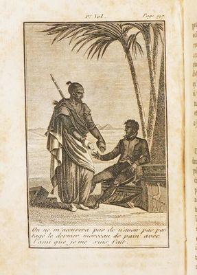 un vieux livre sur lequel figure l'image d'un homme tendant quelque chose à une femme