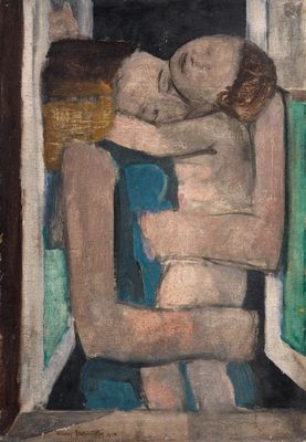 tableau représentant un homme et une femme enlacés devant une fenêtre