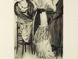 dessin représentant une femme en robe et un homme coiffé d'un chapeau