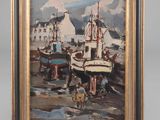 une peinture à l'huile représentant un groupe de bateaux dans un port