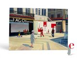 tableau représentant un homme marchant dans la rue devant un immeuble rouge et blanc