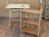 a wooden table with a shelf and a chair in the corner