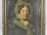 a painting of a woman in a green dress and bonnet