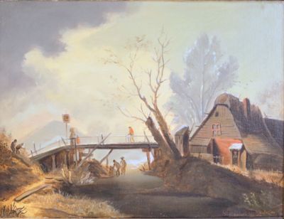 a painting of a bridge over a river with a house in the background