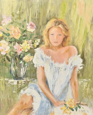 a painting of a woman sitting in a field with flowers
