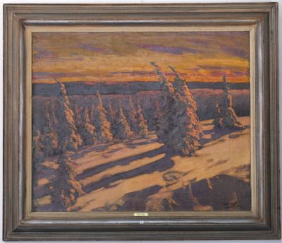 une peinture à l'huile représentant un paysage enneigé avec des arbres au premier plan