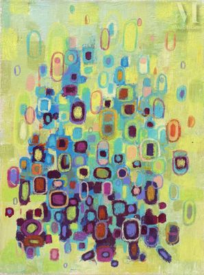 un tableau représentant des carrés et des points colorés sur un fond vert