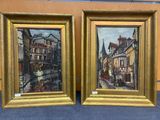 painting of a street scene with buildings and a man walking down the street