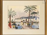 an image of a painting of people sitting at a table by the water