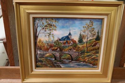 une photo d'un tableau représentant une église dans les bois