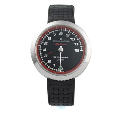 a close up of a wrist watch with a black dial