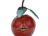 a red apple with a green leaf sticking out of it ' s face