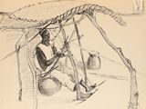 dessin représentant un homme assis dans une tente, avec un parasol au-dessus de la tête