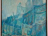 une peinture à l'huile représentant une rangée de maisons sur une plage
