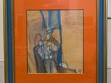 framed painting of a woman ' s feet in a blue and orange dress