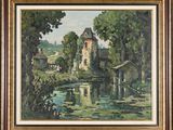 an image of a painting of a castle by a river