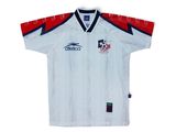 a close up of a white shirt with a red and blue stripe