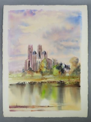 an image of a watercolor painting of a castle by a lake